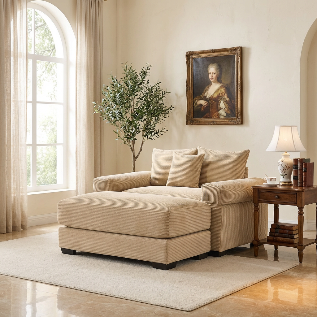 Albany 54" 2 Piece Corduroy Armchair Accent Chair with Ottoman and Extra-Thick Armrests