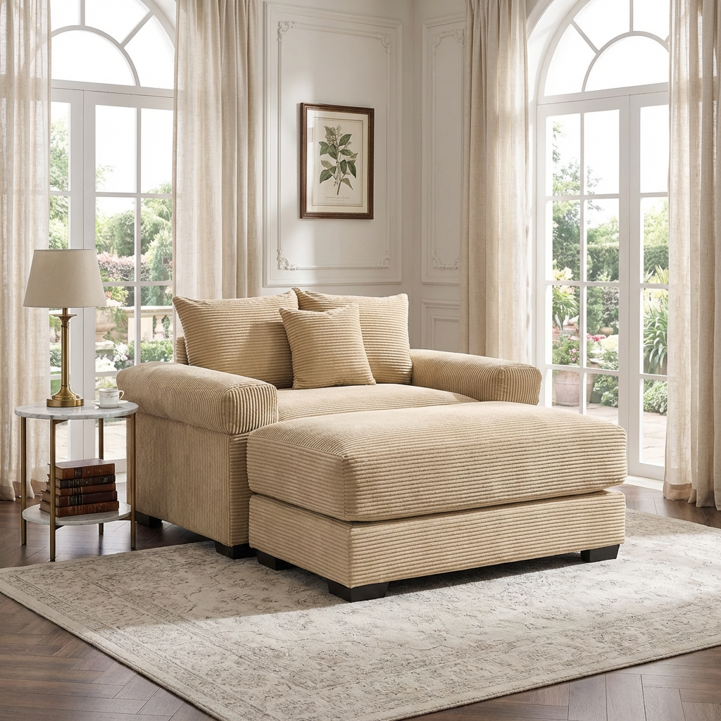 Albany 54" 2 Piece Corduroy Armchair Accent Chair with Ottoman and Extra-Thick Armrests