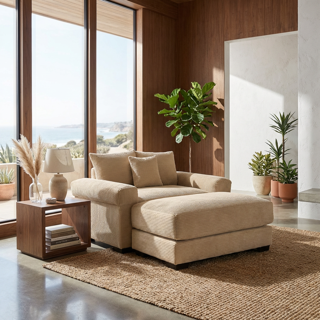 Albany 54" 2 Piece Corduroy Armchair Accent Chair with Ottoman and Extra-Thick Armrests