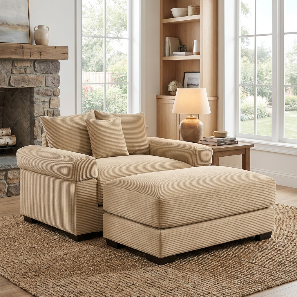 Albany 54" 2 Piece Corduroy Armchair Accent Chair with Ottoman and Extra-Thick Armrests