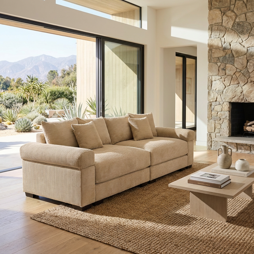 Albany 92" Modular Corduroy Cloud 3-Seater Sofa with Extra-Wide Armrests