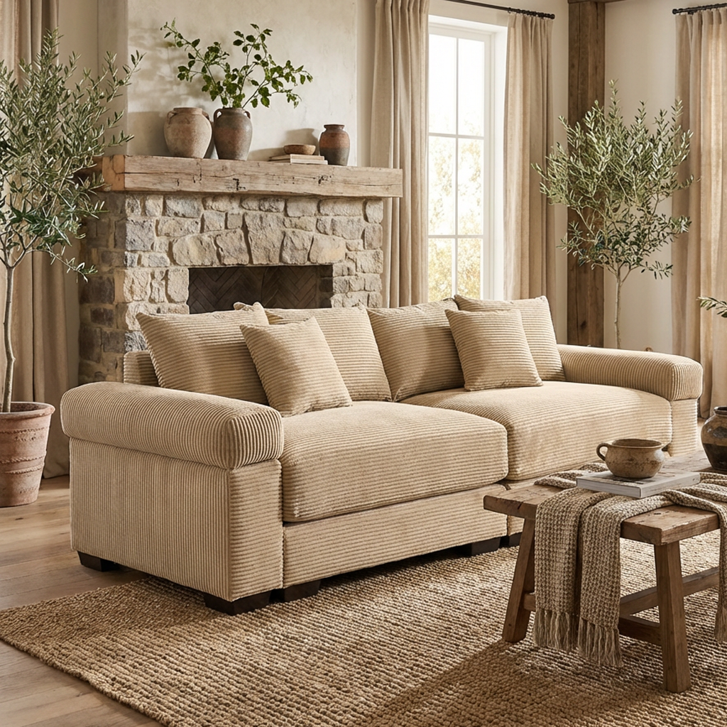 Albany 92" Modular Corduroy Cloud 3-Seater Sofa with Extra-Wide Armrests