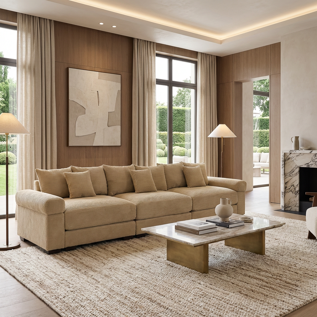 Albany 130" Modular Corduroy Cloud 4-Seater Sofa with Extra-Thick Armrests