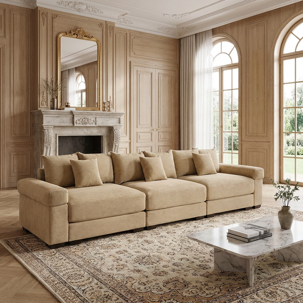 Albany 130" Modular Corduroy Cloud 4-Seater Sofa with Extra-Thick Armrests