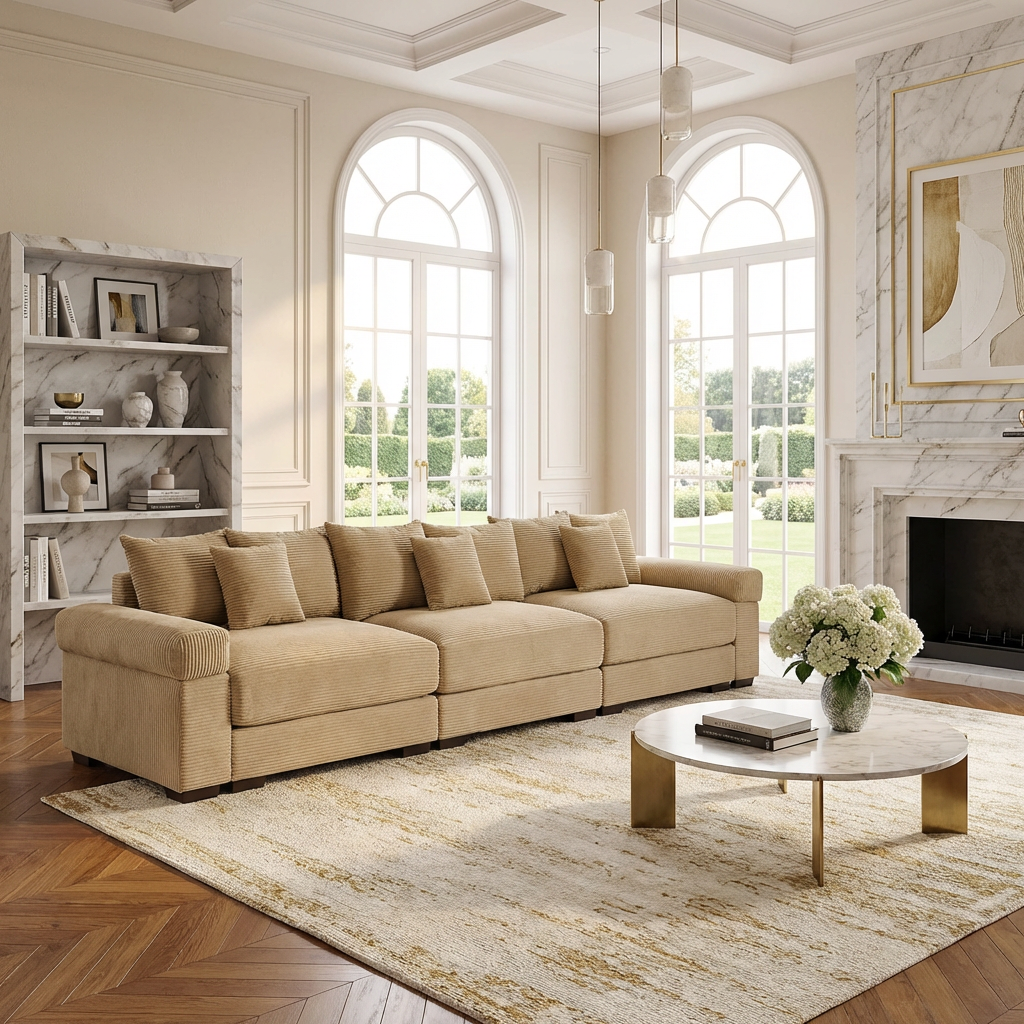 Albany 130" Modular Corduroy Cloud 4-Seater Sofa with Extra-Thick Armrests