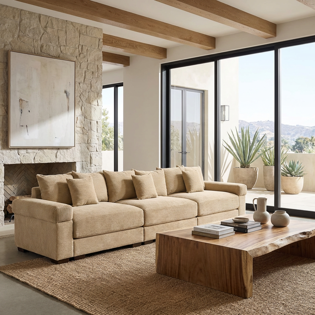 Albany 130" Modular Corduroy Cloud 4-Seater Sofa with Extra-Thick Armrests