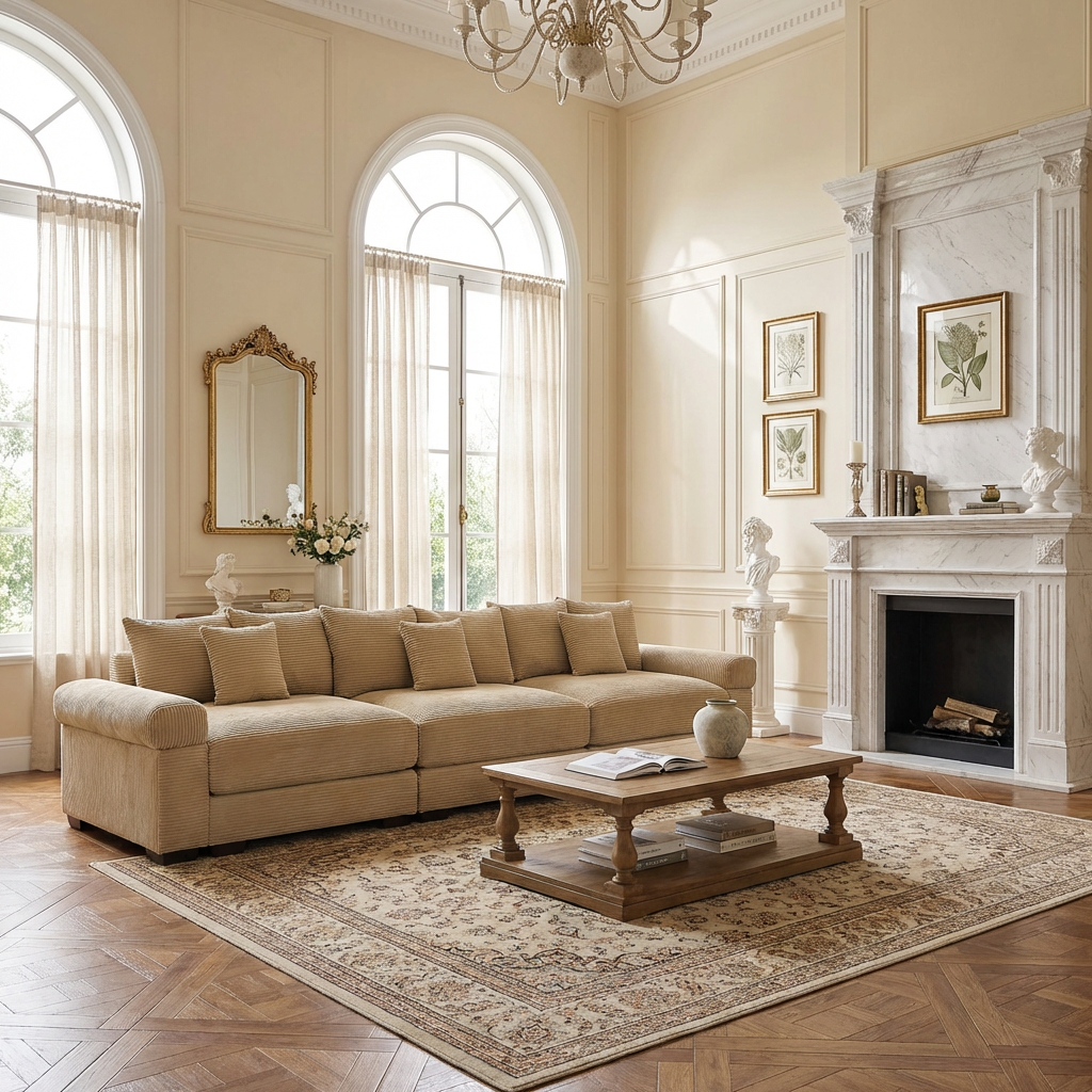 Albany 130" Modular Corduroy Cloud 4-Seater Sofa with Extra-Thick Armrests