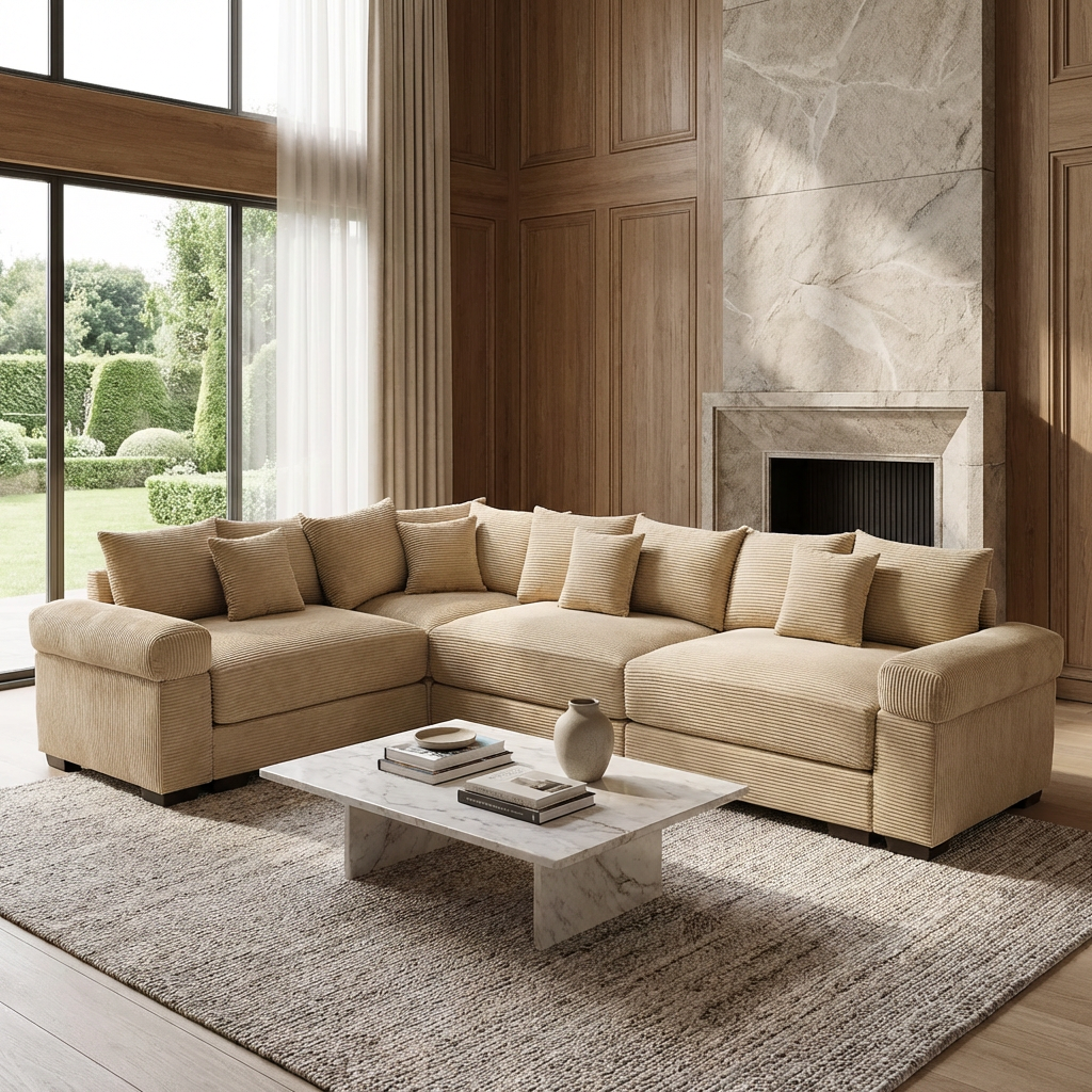 Albany 130" Corduroy Modular L-Shaped Sectional Sofa with Throw Pillows