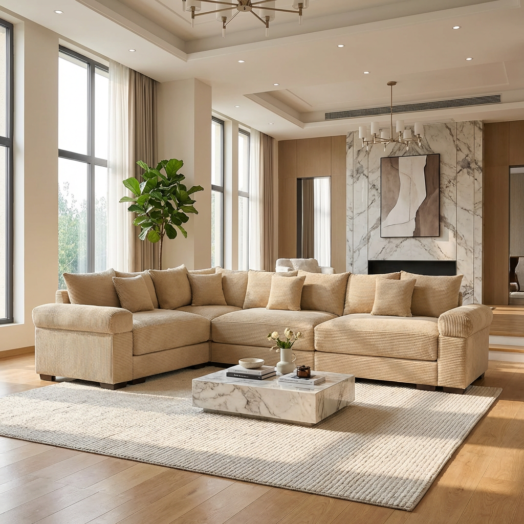 Albany 130" Corduroy Modular L-Shaped Sectional Sofa with Throw Pillows