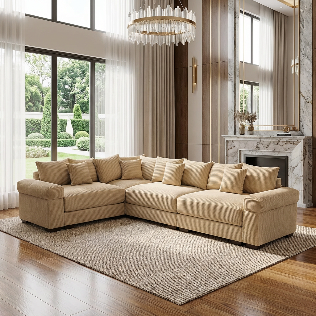 Albany 130" Corduroy Modular L-Shaped Sectional Sofa with Throw Pillows