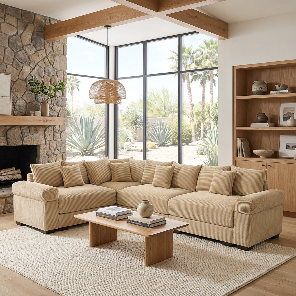 Albany 130" Corduroy Modular L-Shaped Sectional Sofa with Throw Pillows