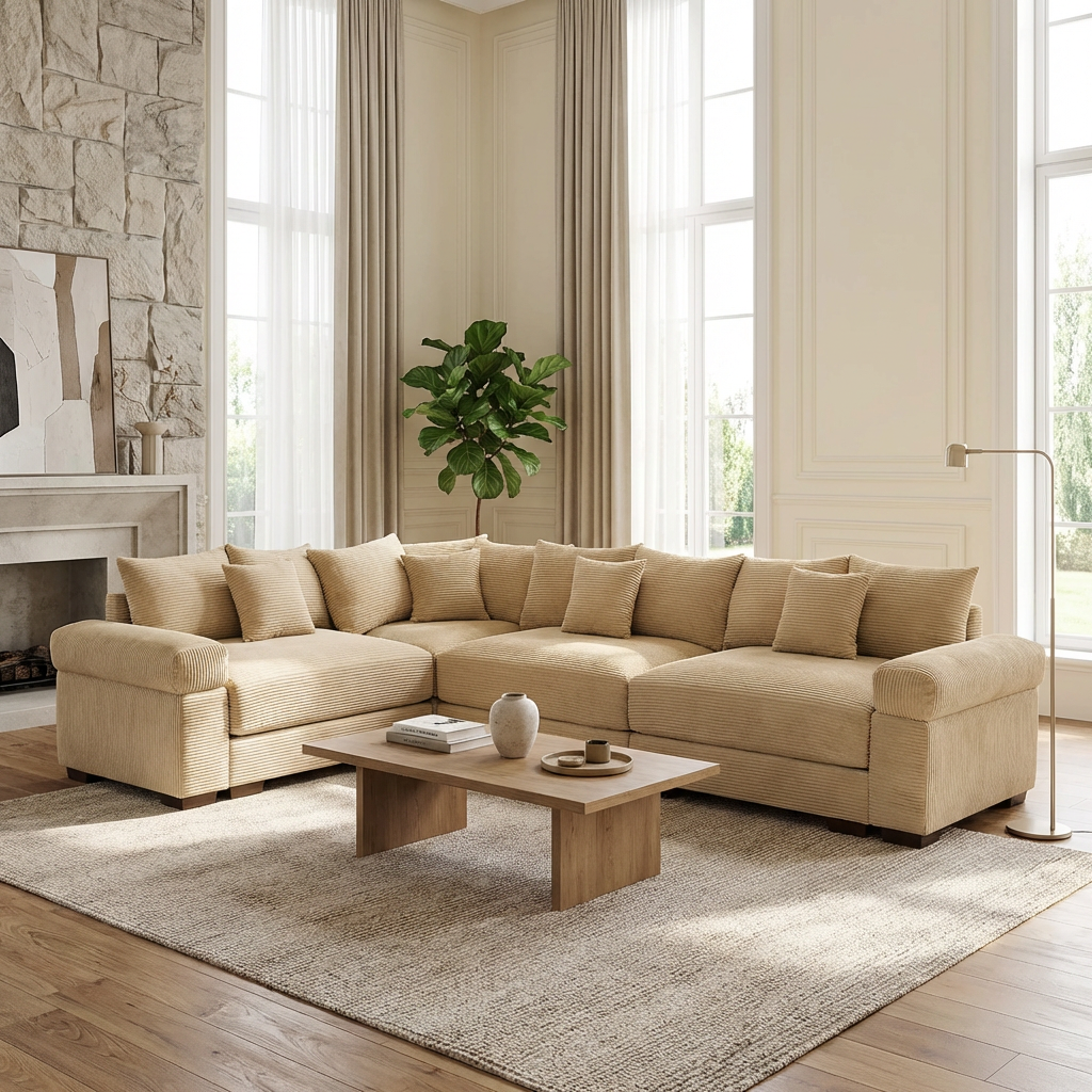 Albany 130" Corduroy Modular L-Shaped Sectional Sofa with Throw Pillows