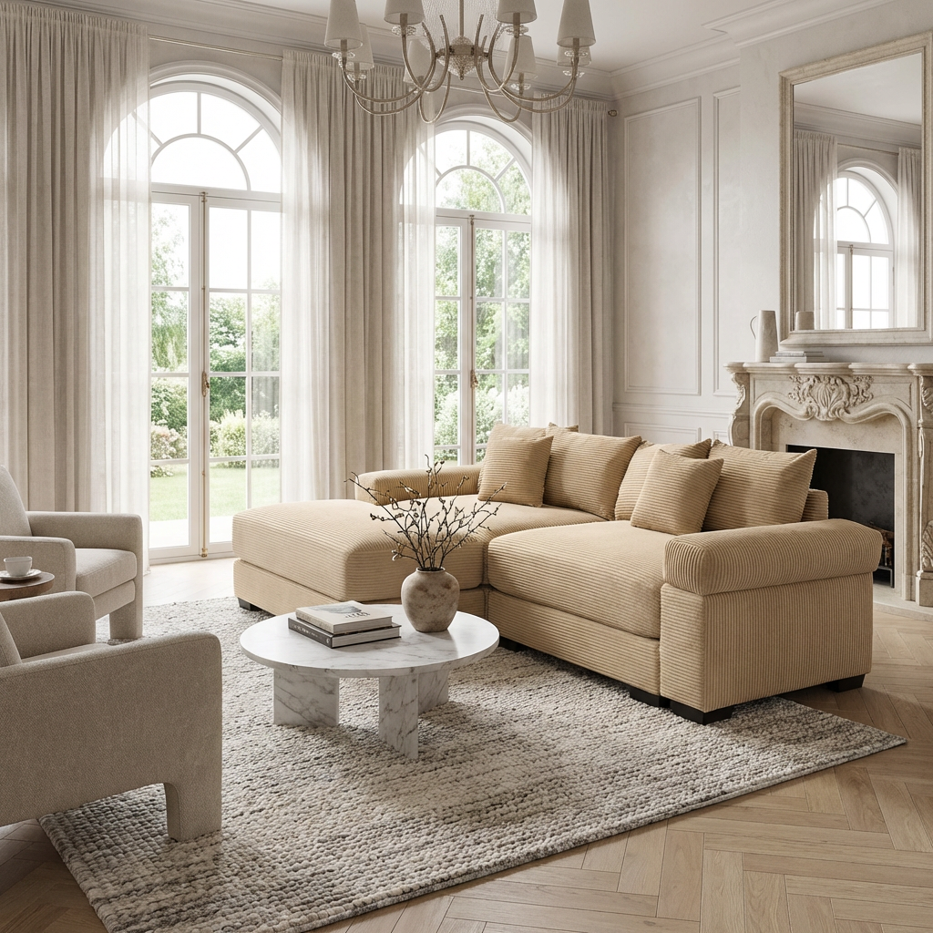 Albany 92" Modular Corduroy Cloud L-Shaped Sectional Sofa with Ottoman