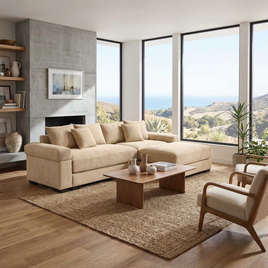 Albany 92" Modular Corduroy Cloud L-Shaped Sectional Sofa with Ottoman