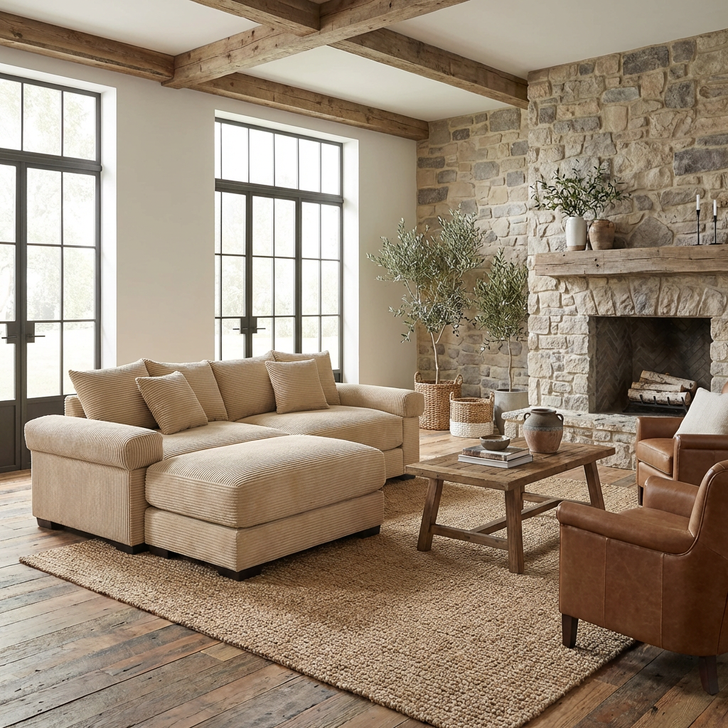 Albany 92" Modular Corduroy Cloud L-Shaped Sectional Sofa with Ottoman