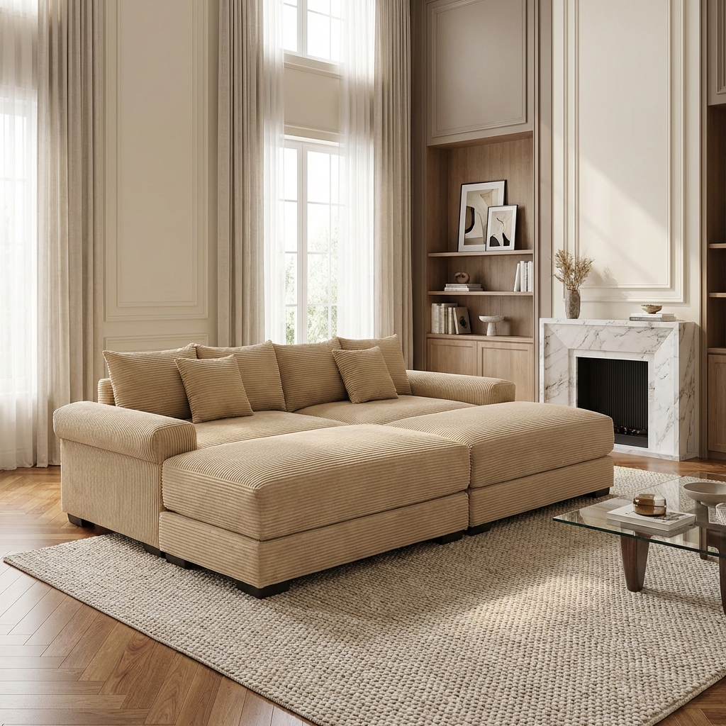 Albany 92" 4 Pieces Corduroy Oversized Modular Sofa with Ottomans
