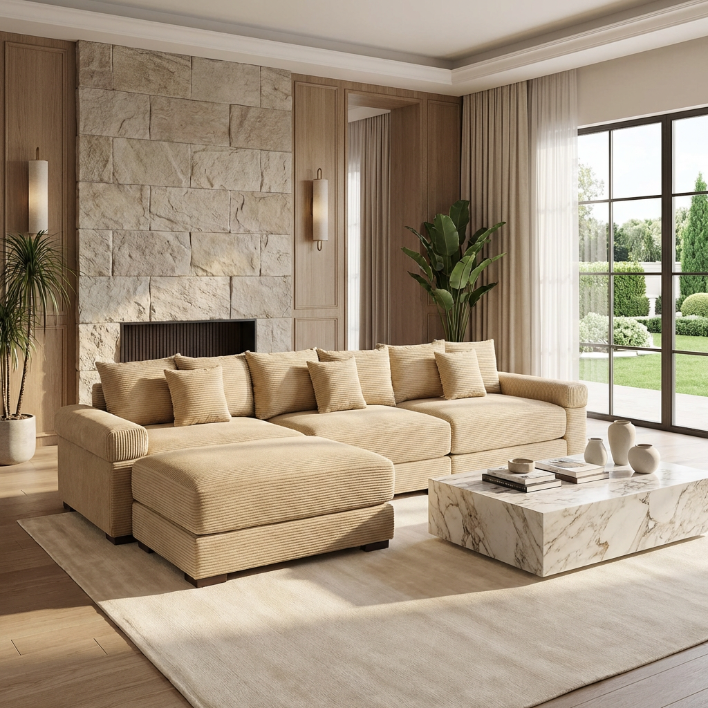 Albany 130" Modular Corduroy Oversized Cloud L-Shaped Sectional Sofa with Ottoman