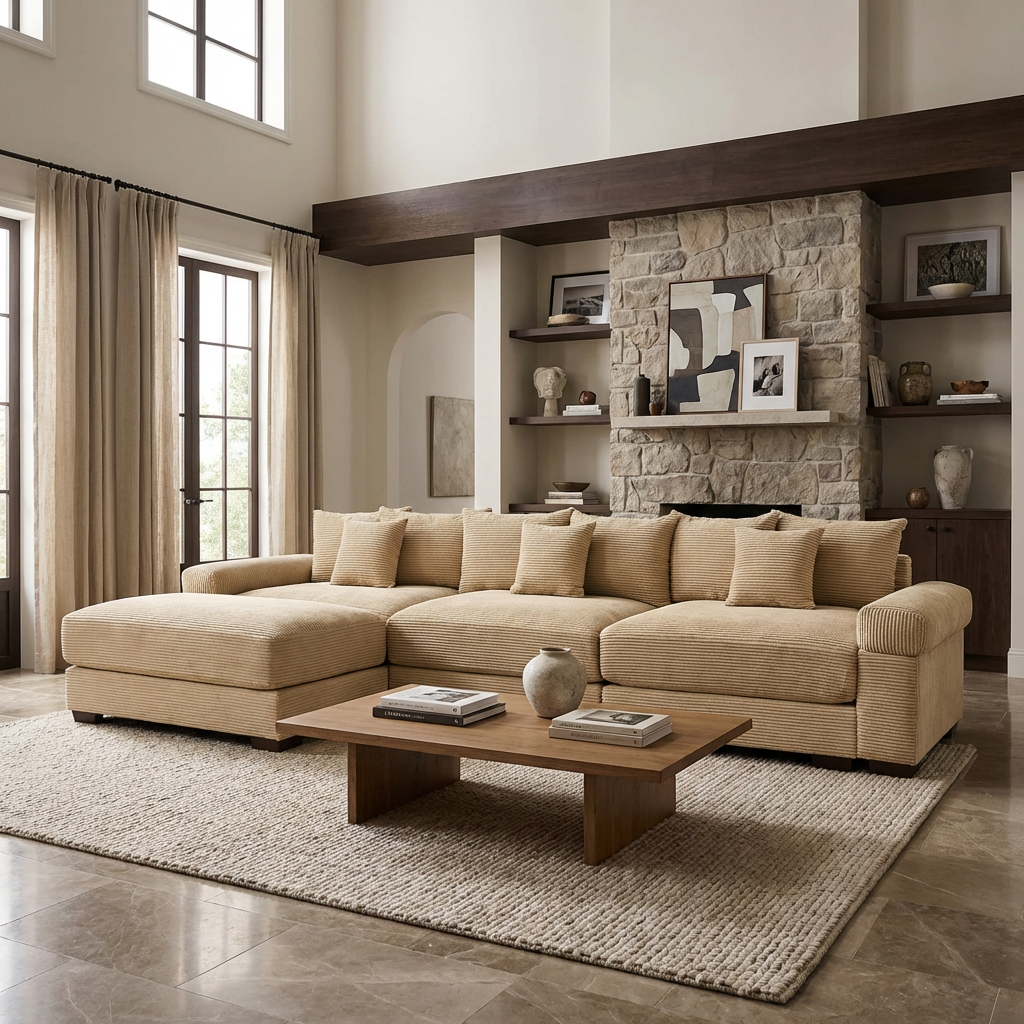 Albany 130" Modular Corduroy Oversized Cloud L-Shaped Sectional Sofa with Ottoman