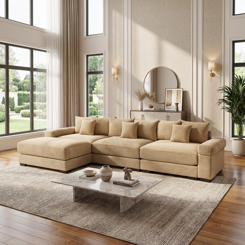 Albany 130" Modular Corduroy Oversized Cloud L-Shaped Sectional Sofa with Ottoman