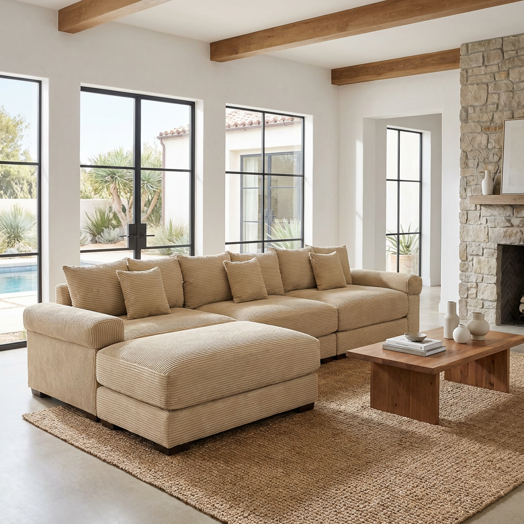 Albany 130" Modular Corduroy Oversized Cloud L-Shaped Sectional Sofa with Ottoman