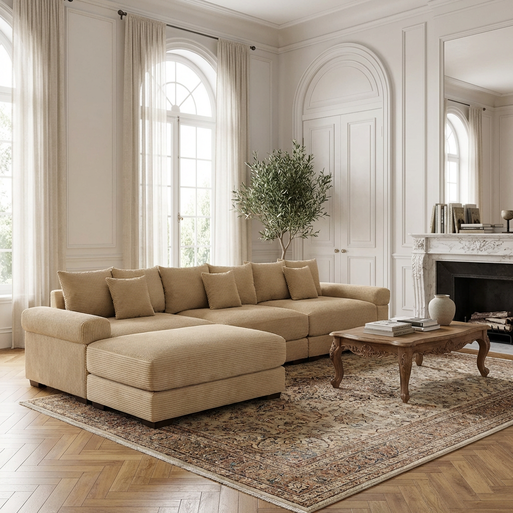Albany 130" Modular Corduroy Oversized Cloud L-Shaped Sectional Sofa with Ottoman