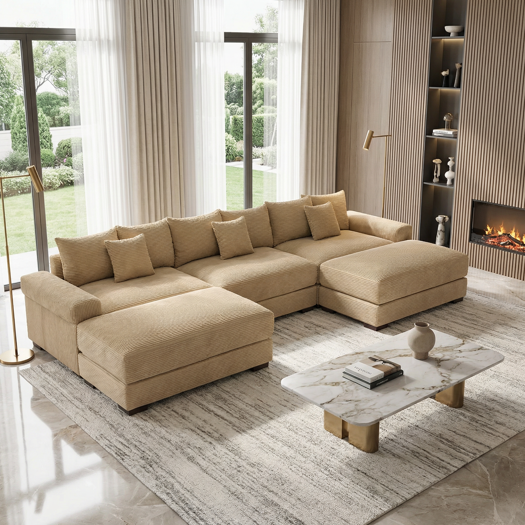 Albany 130" Modular Corduroy Cloud U-Shaped Sectional Sofa with Ottomans