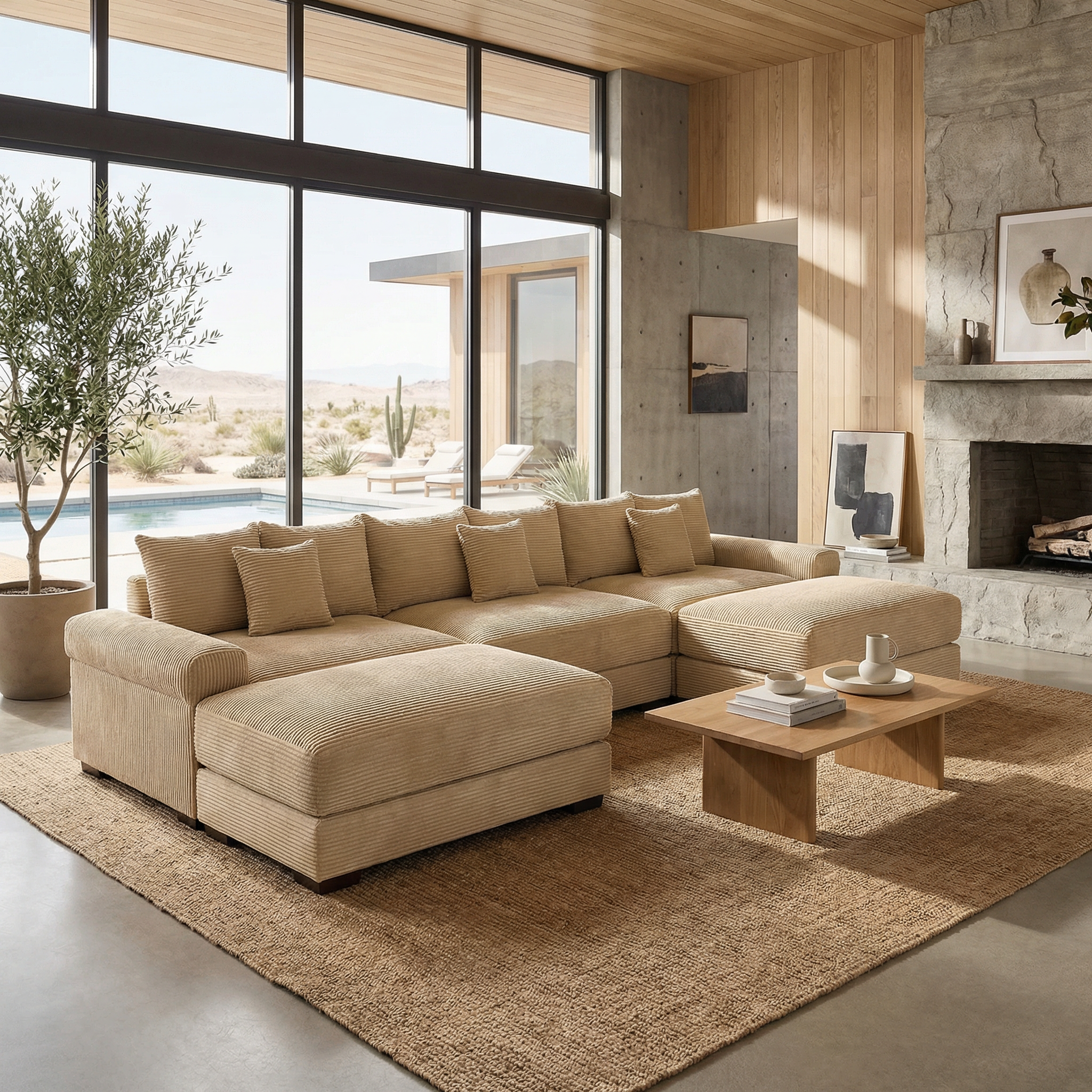 Albany 130" Modular Corduroy Cloud U-Shaped Sectional Sofa with Ottomans