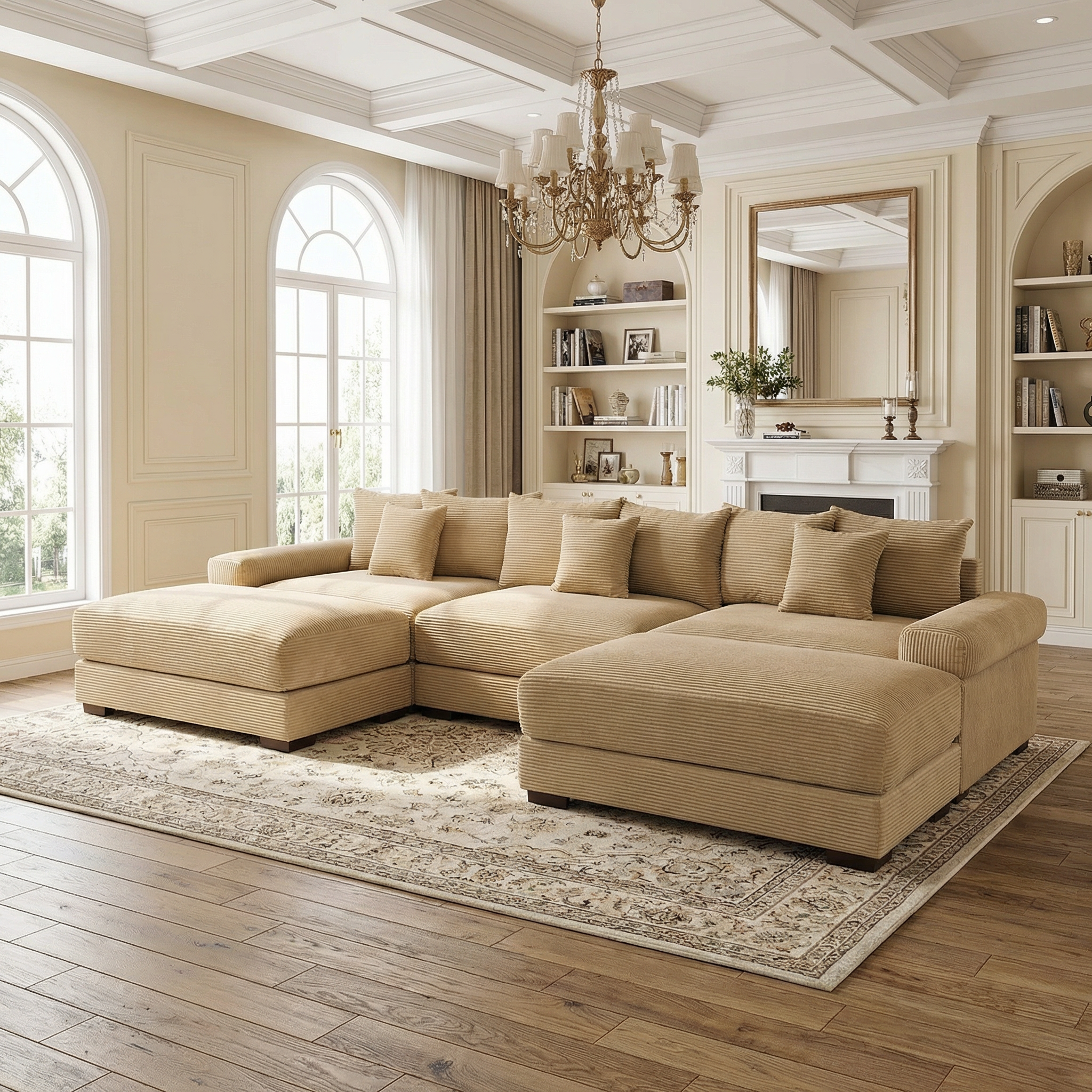 Albany 130" Modular Corduroy Cloud U-Shaped Sectional Sofa with Ottomans