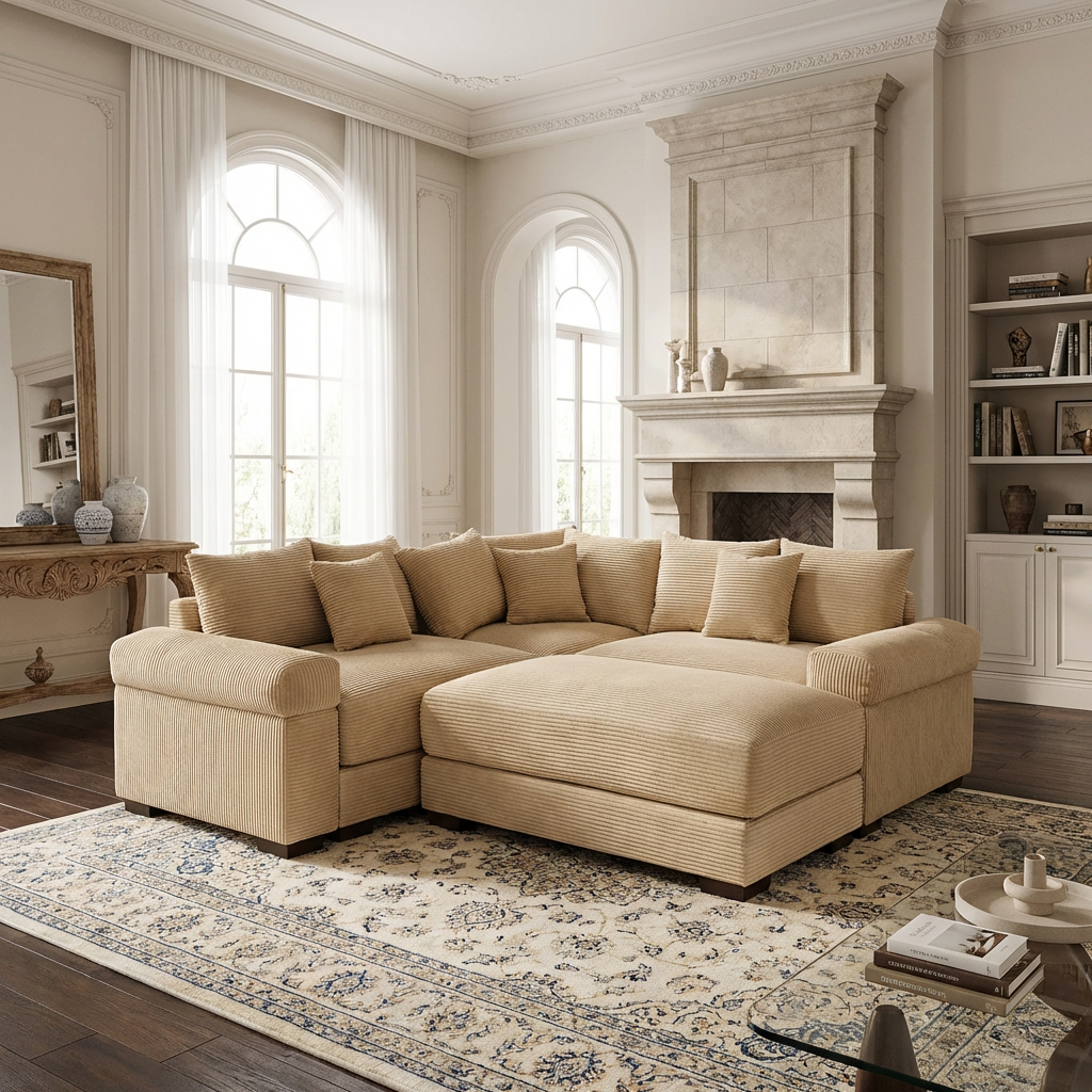 Albany 79" 4 Pieces Corduroy Modular Corner Sectional Sofa with Ottoman