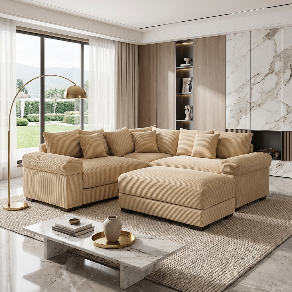Albany 79" 4 Pieces Corduroy Modular Corner Sectional Sofa with Ottoman