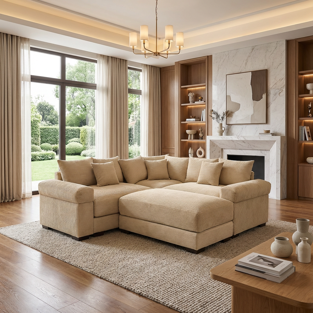 Albany 79" 4 Pieces Corduroy Modular Corner Sectional Sofa with Ottoman