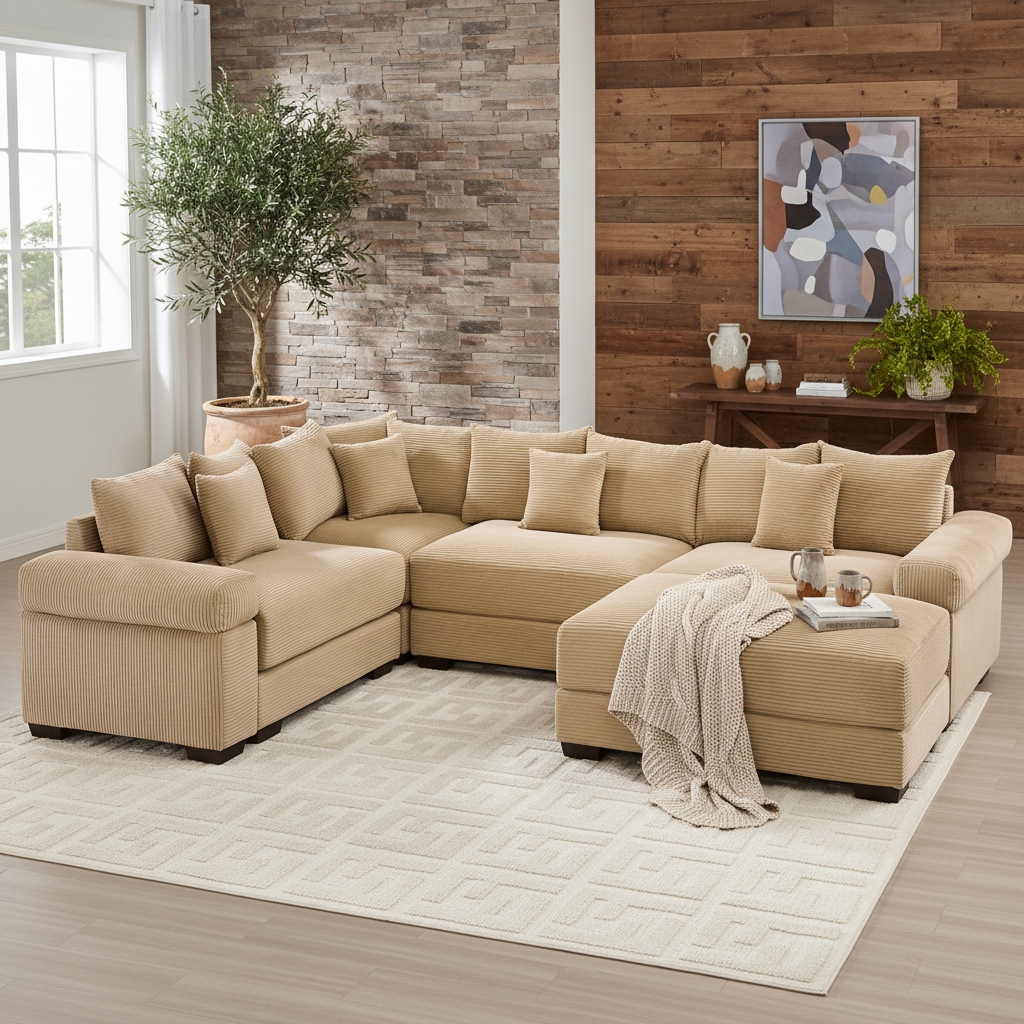 Albany 117" Oversized 5 Pieces Corduroy Modular Corner Sectional Sofa with Ottoman