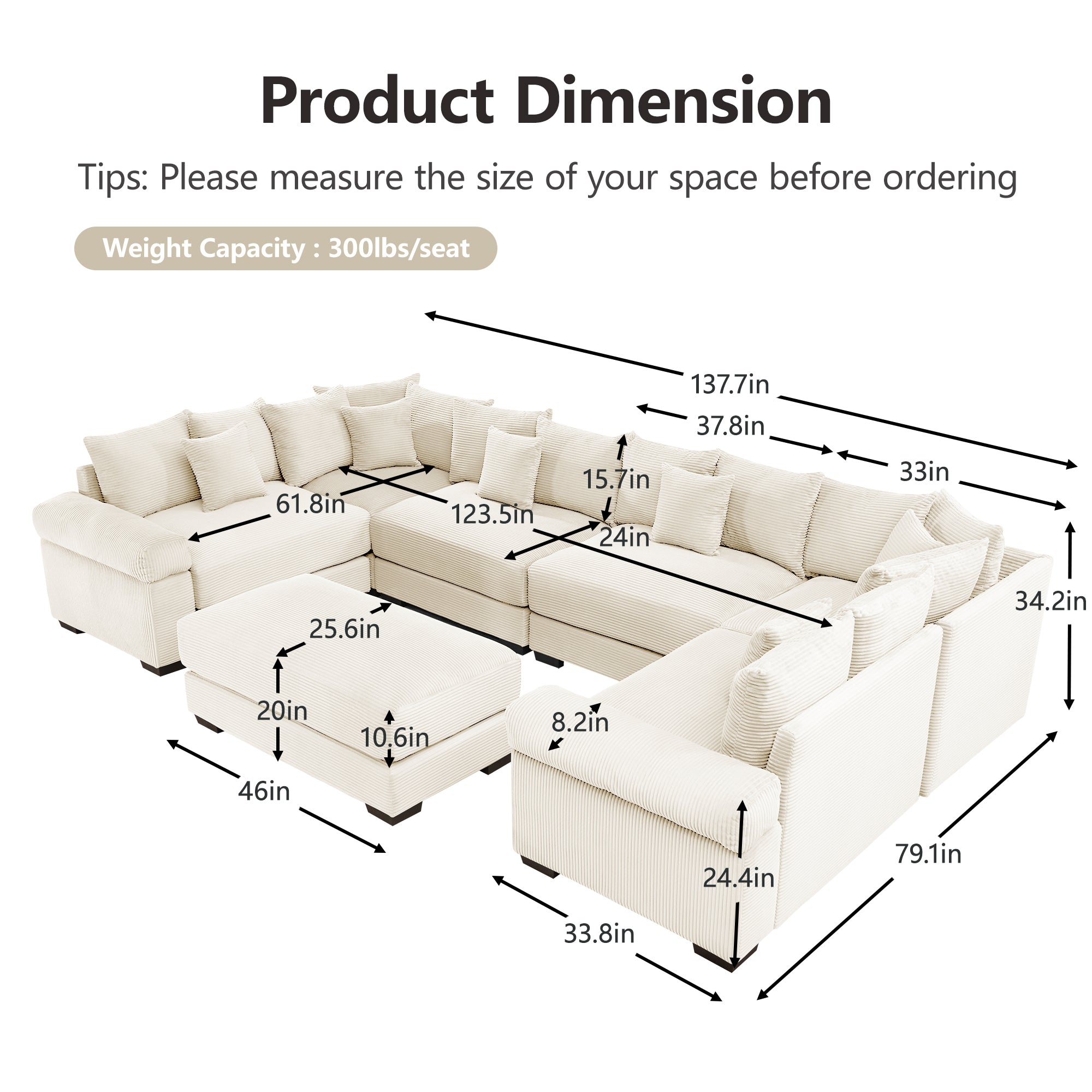 Albany 138" Oversized 7 Pieces Modular Corduroy U-Shaped Sectional Sofa with Ottoman
