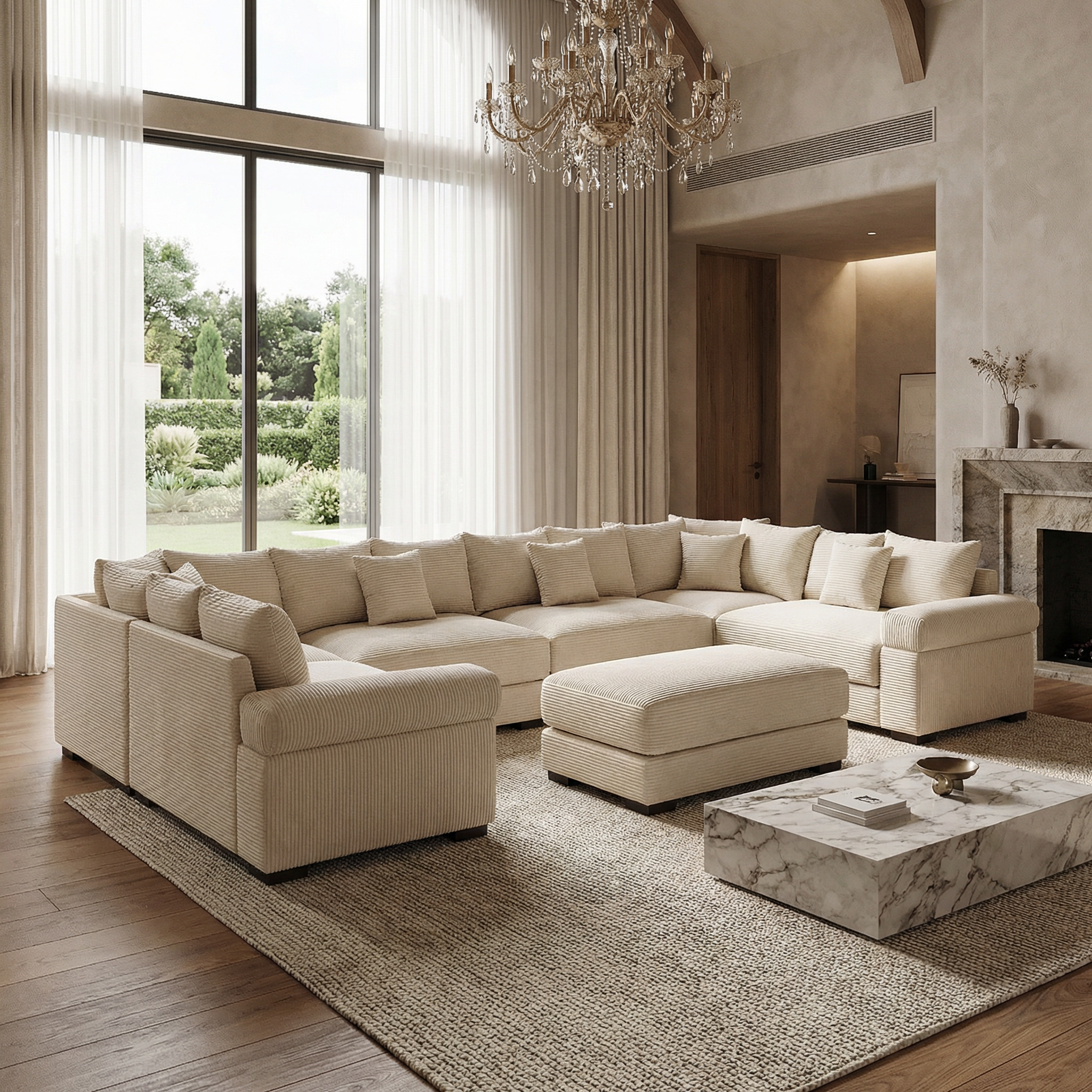 Albany 138" Oversized 7 Pieces Modular Corduroy U-Shaped Sectional Sofa with Ottoman