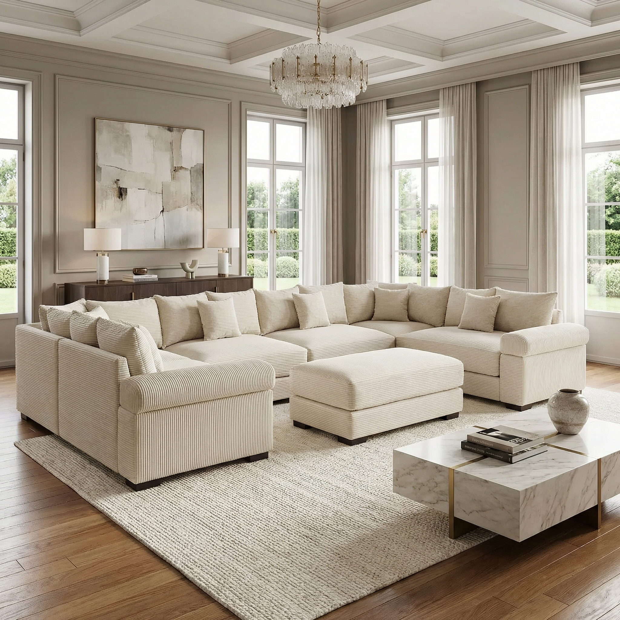 Albany 138" Oversized 7 Pieces Modular Corduroy U-Shaped Sectional Sofa with Ottoman