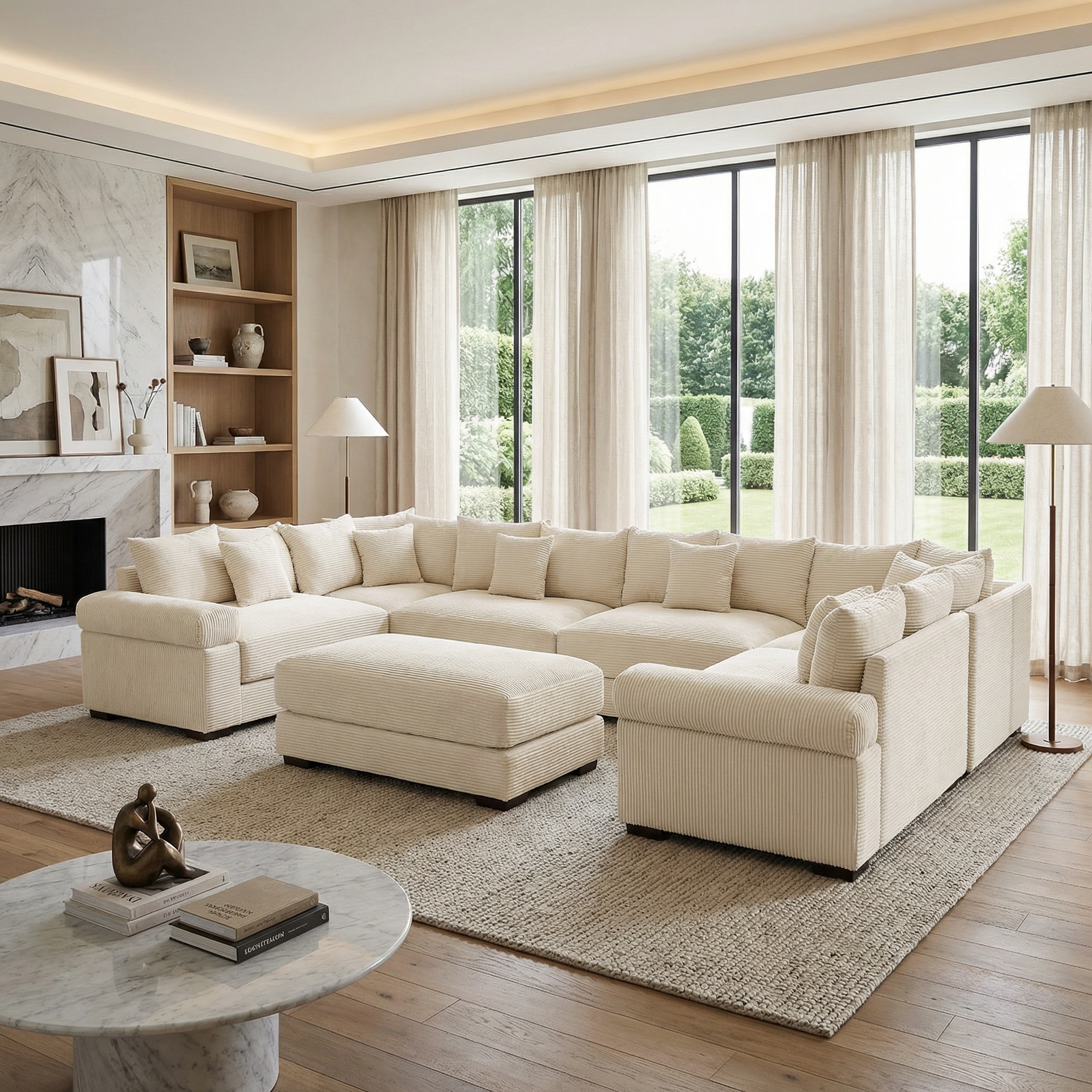 Albany 138" Oversized 7 Pieces Modular Corduroy U-Shaped Sectional Sofa with Ottoman