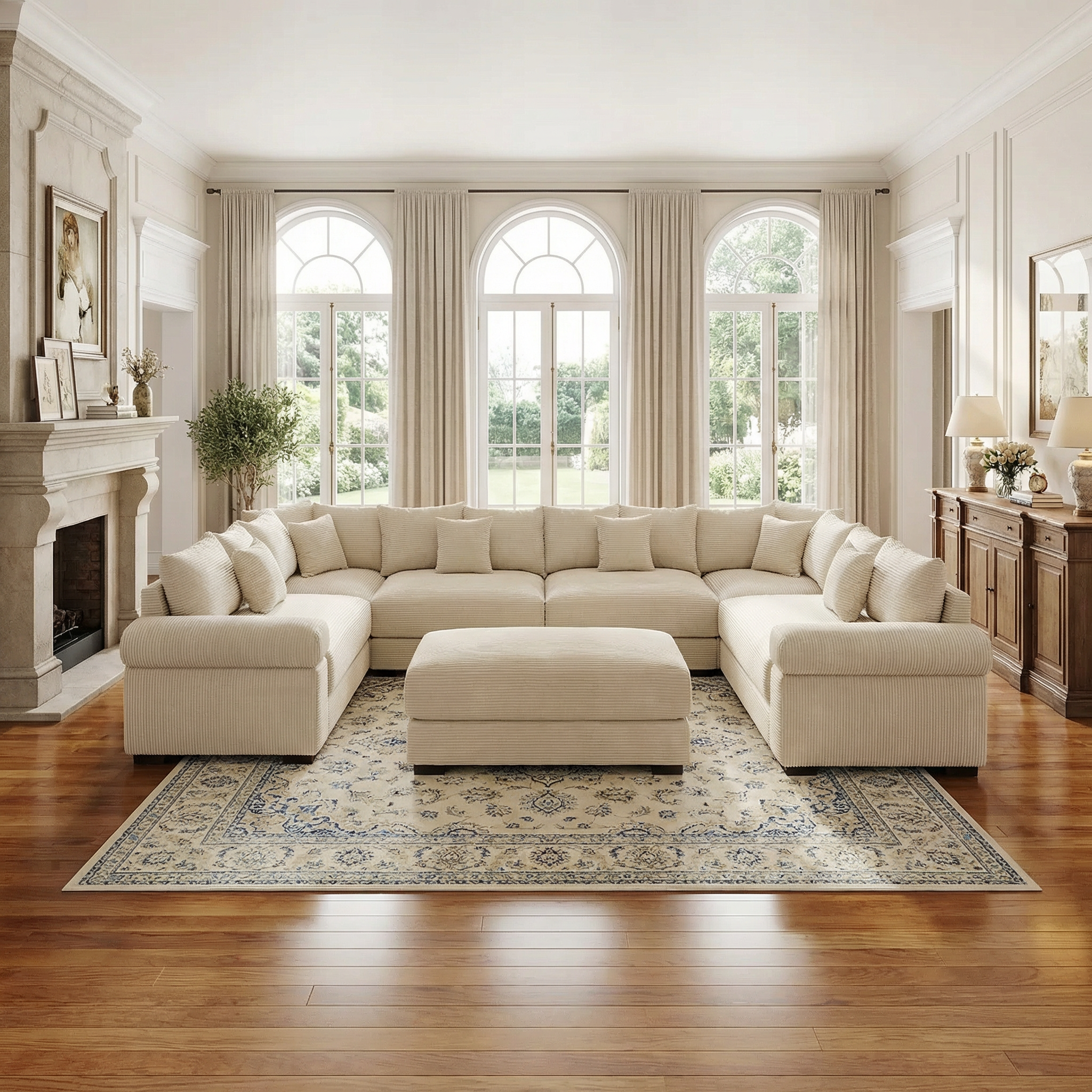 Albany 138" Oversized 7 Pieces Modular Corduroy U-Shaped Sectional Sofa with Ottoman