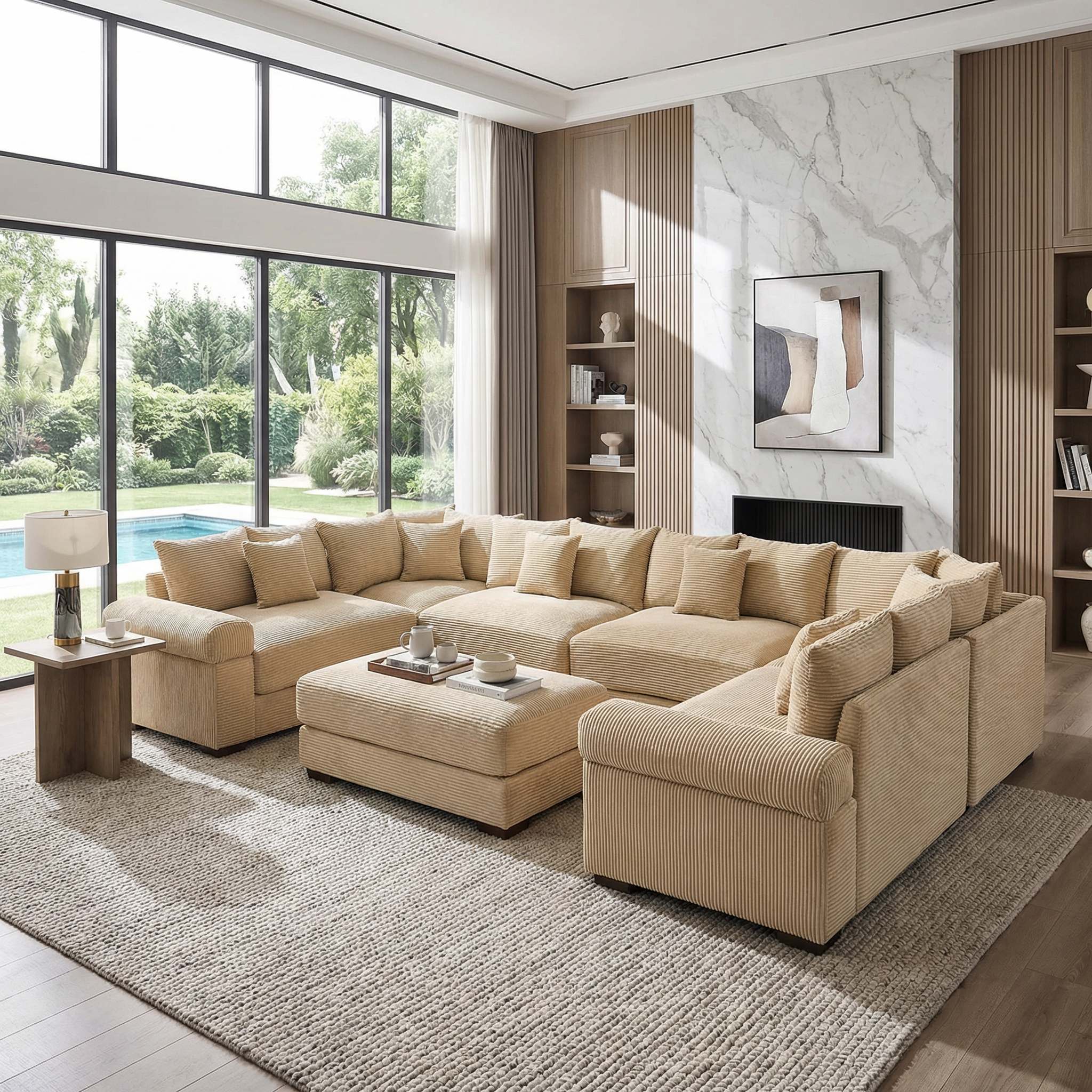 Albany 138" Oversized 7 Pieces Modular Corduroy U-Shaped Sectional Sofa with Ottoman