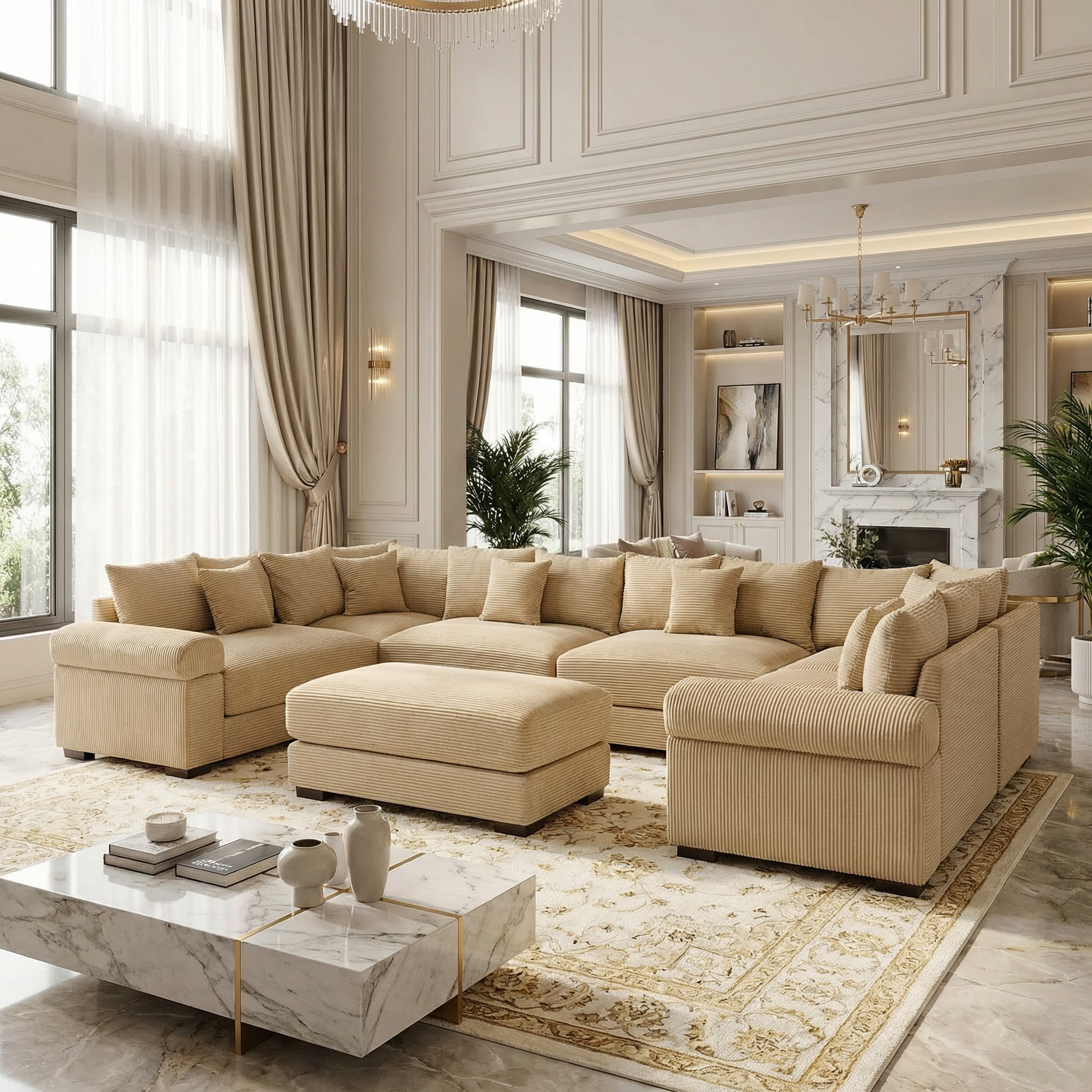 Albany 138" Oversized 7 Pieces Modular Corduroy U-Shaped Sectional Sofa with Ottoman