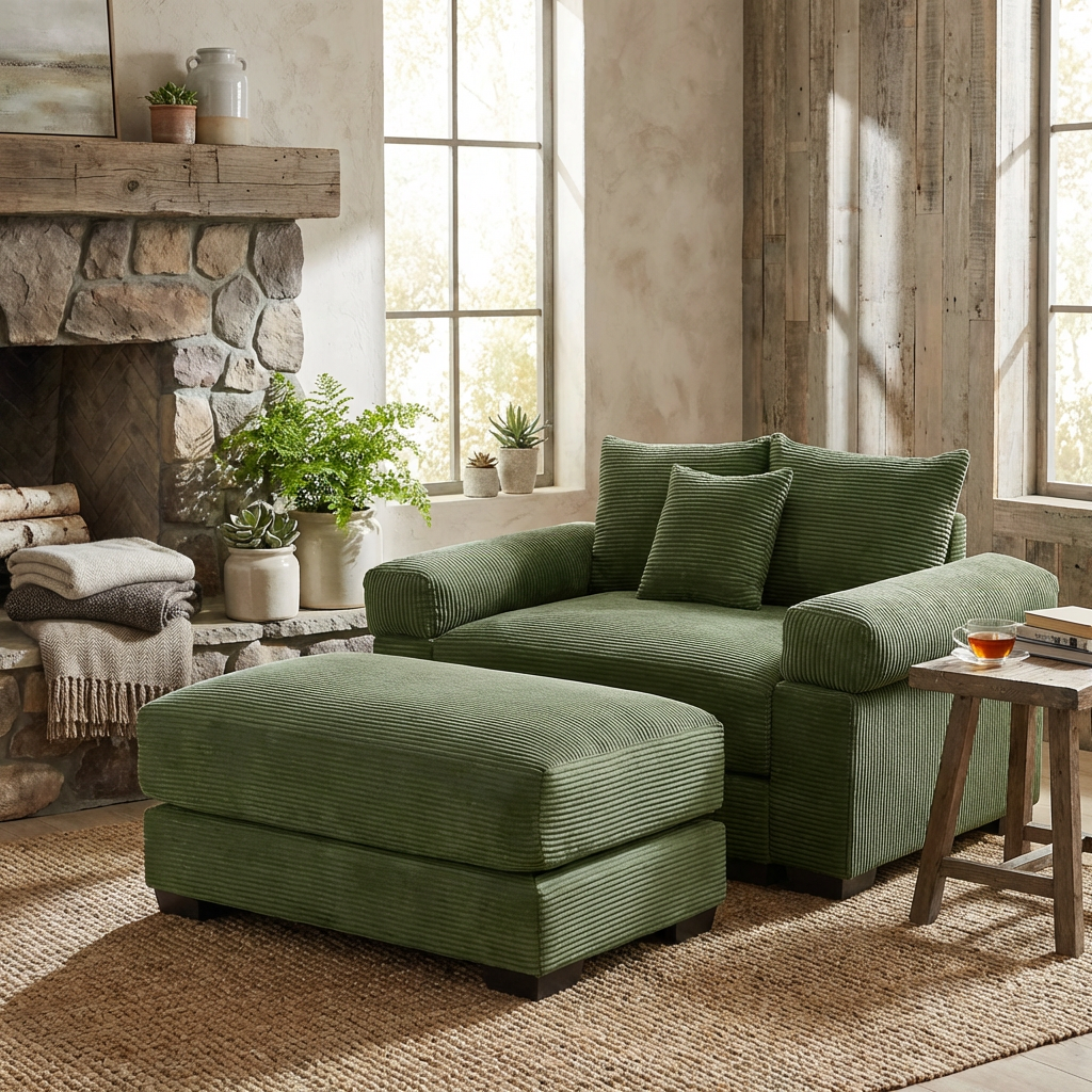 Albany 54" 2 Piece Corduroy Armchair Accent Chair with Ottoman and Extra-Thick Armrests
