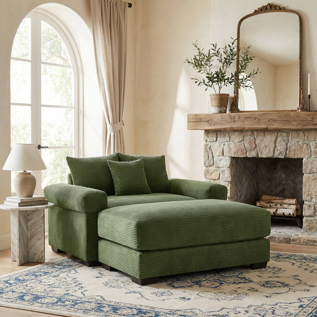 Albany 54" 2 Piece Corduroy Armchair Accent Chair with Ottoman and Extra-Thick Armrests