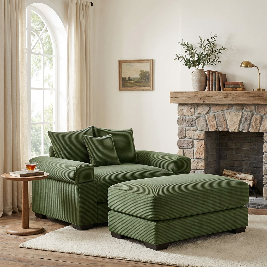 Albany 54" 2 Piece Corduroy Armchair Accent Chair with Ottoman and Extra-Thick Armrests