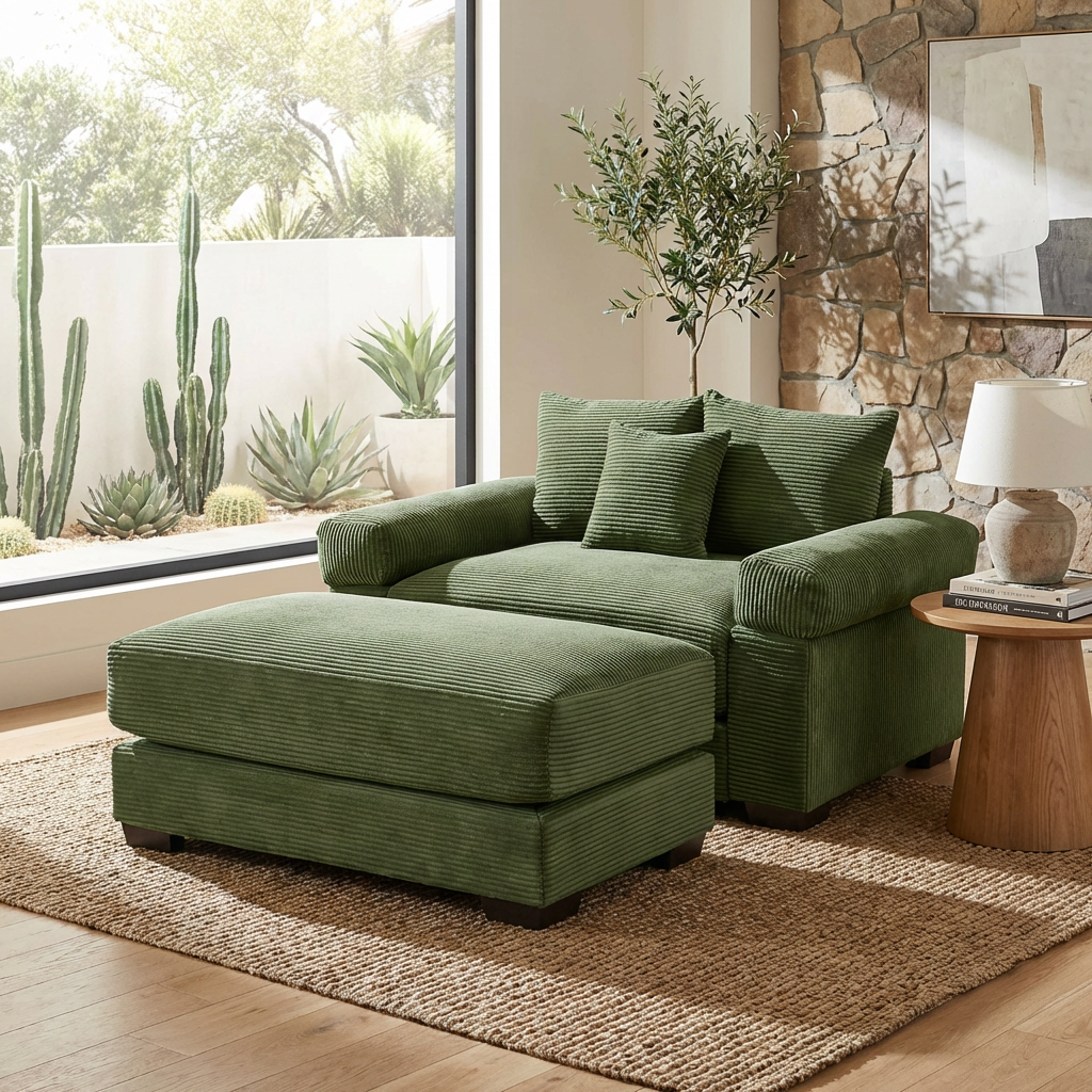 Albany 54" 2 Piece Corduroy Armchair Accent Chair with Ottoman and Extra-Thick Armrests