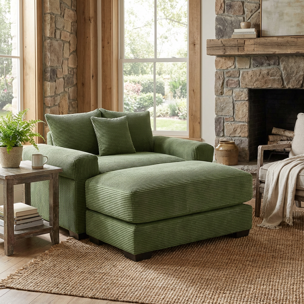 Albany 54" 2 Piece Corduroy Armchair Accent Chair with Ottoman and Extra-Thick Armrests