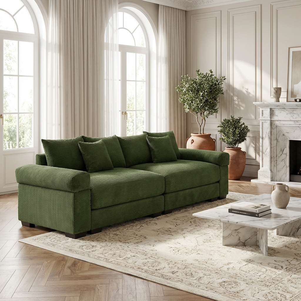 Albany 92" Modular Corduroy Cloud 3-Seater Sofa with Extra-Wide Armrests