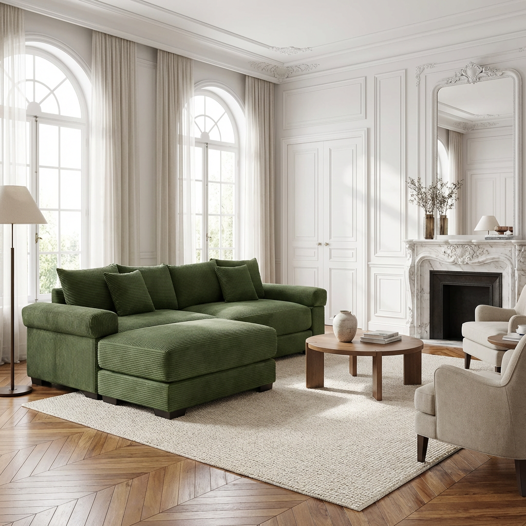 Albany 92" Modular Corduroy Cloud L-Shaped Sectional Sofa with Ottoman