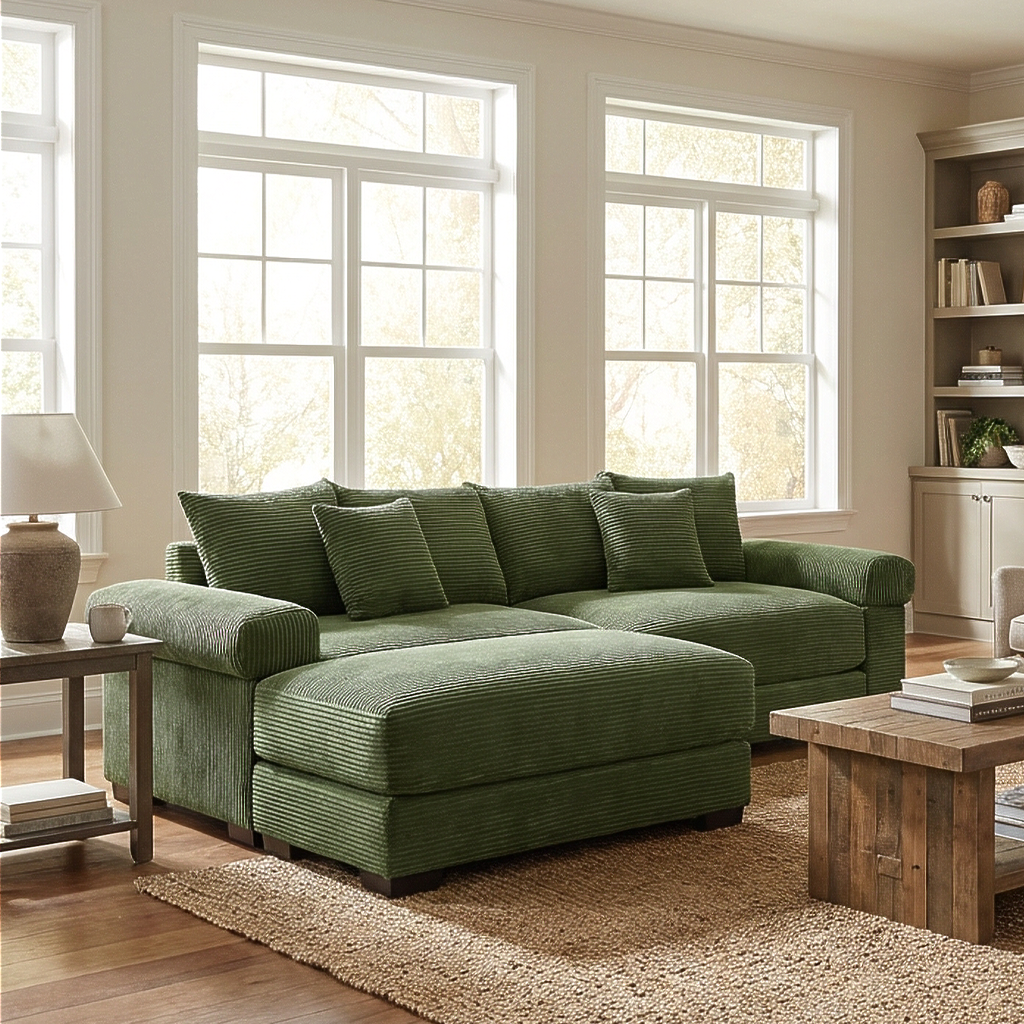 Albany 92" Modular Corduroy Cloud L-Shaped Sectional Sofa with Ottoman