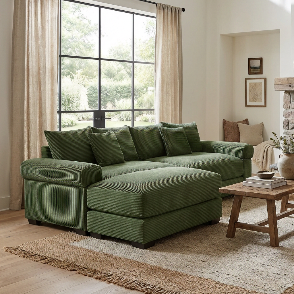 Albany 92" Modular Corduroy Cloud L-Shaped Sectional Sofa with Ottoman