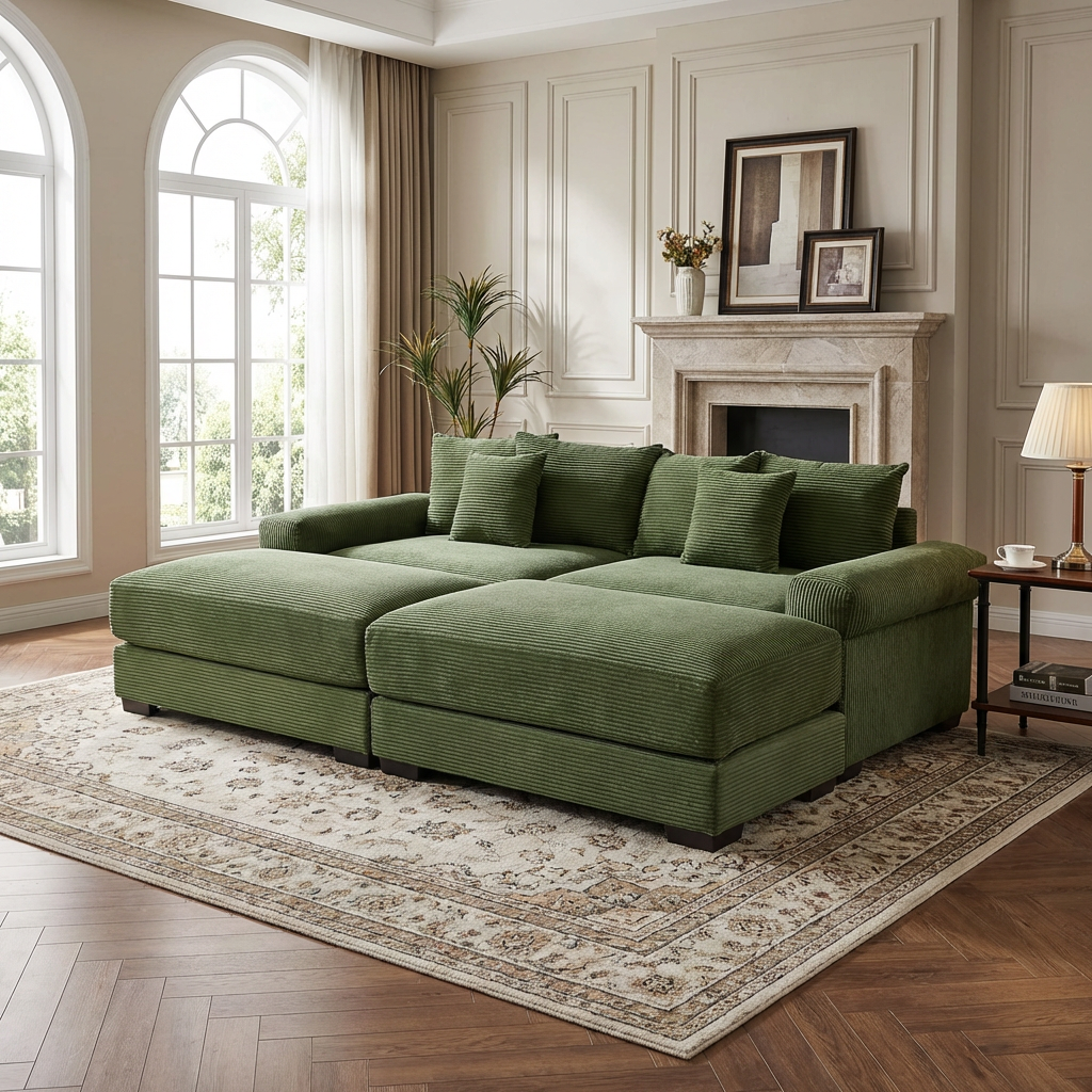 Albany 92" 4 Pieces Corduroy Oversized Modular Sofa with Ottomans