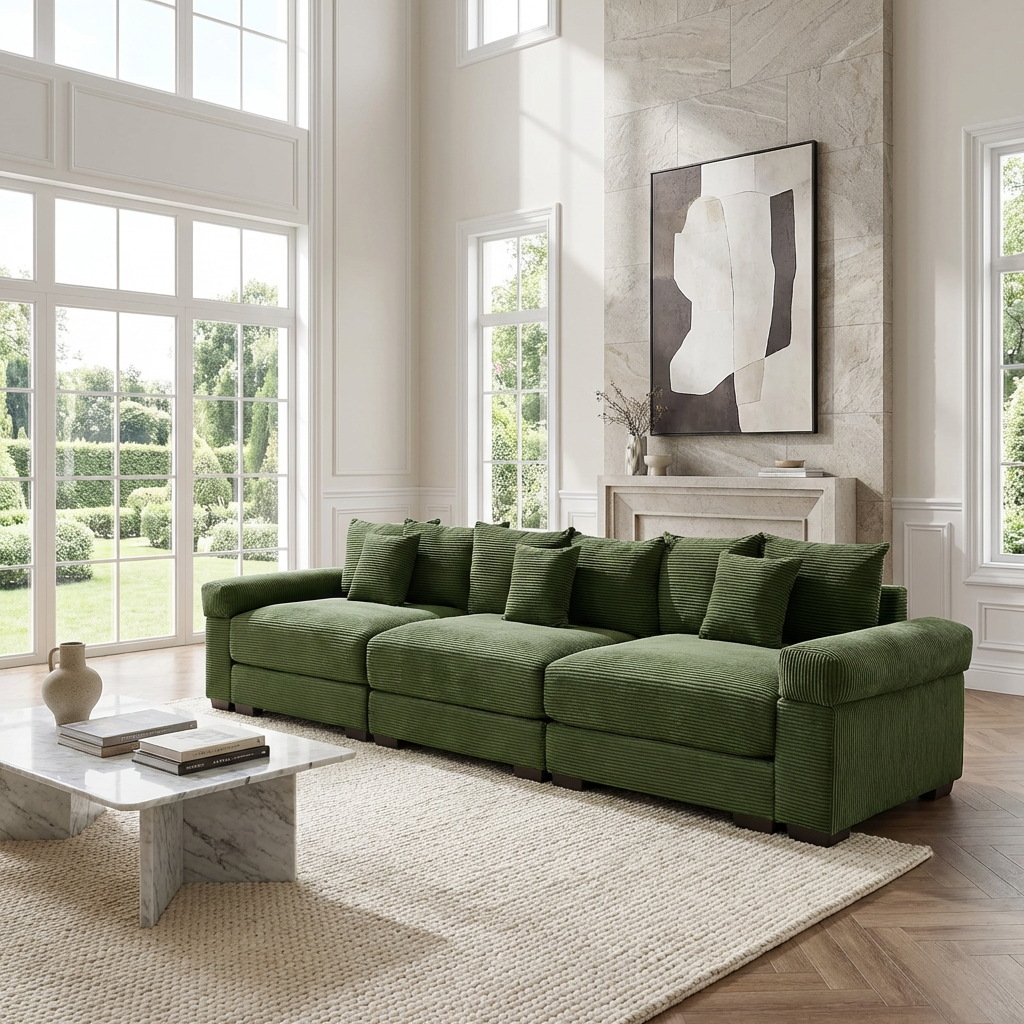 Albany 130" Modular Corduroy Cloud 4-Seater Sofa with Extra-Thick Armrests